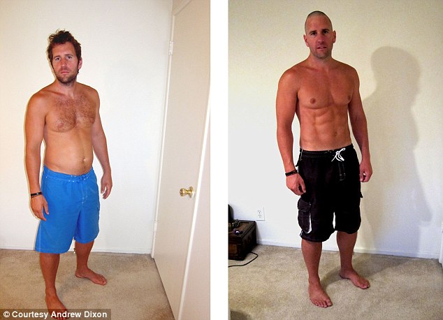 Dramatic transformation: The personal trainer showed the difference that a change of lighting and some push-ups made to his appearance in the space of an hour